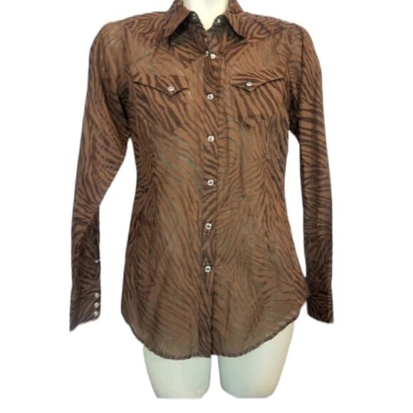 Ariat Brown Zebra Striped Sheer Pearl Snap Sz S - Picture 1 of 5